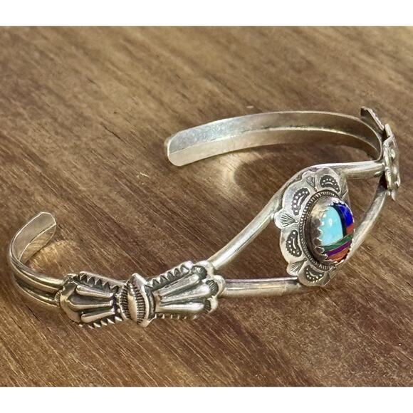 Navajo Sterling Multi Stone Inlay Cuff Bracelet Clarence Thomas C.T. 9.6g - Picture 3 of 11